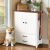 Dog feeding station, double door locker with 2 adjustable dog bowls, 3 hooks on right side, white