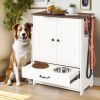 Dog feeding station, double door locker with 2 adjustable dog bowls, 3 hooks on right side, white