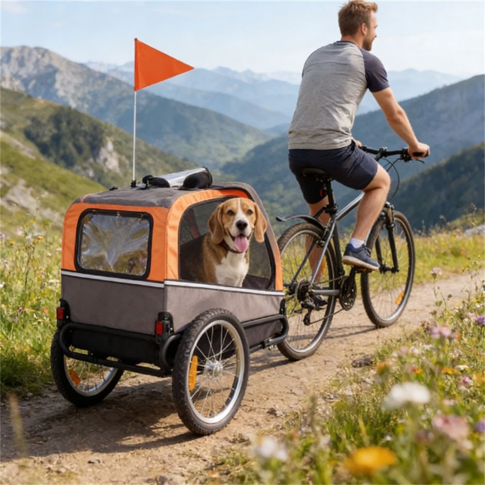 Foldable Dog Bike Trailer for Medium Dogs – Pet Bicycle Carrier with 16" Wheels, Safety Flag & Ventilated Mesh Cabin (Up to 44 lbs)