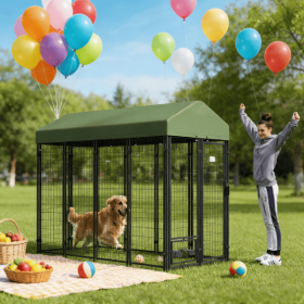 Large Outdoor Dog Kennel with Covered Roof & Lockable Gate – Heavy-Duty Metal Dog Run with Feeding Bowl Holder