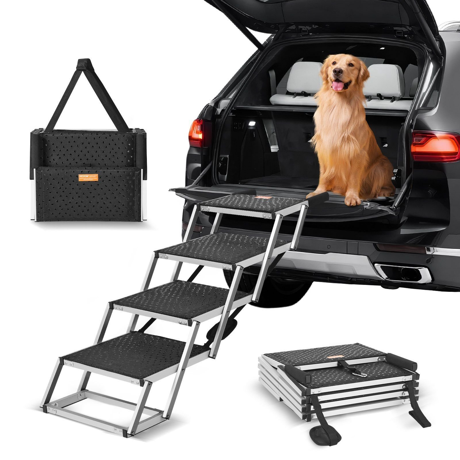 Wide 4-Step Folding Dog Car Stairs – Lightweight Aluminum Pet Steps with Non-Slip Surface (Supports Up to 150 lbs)