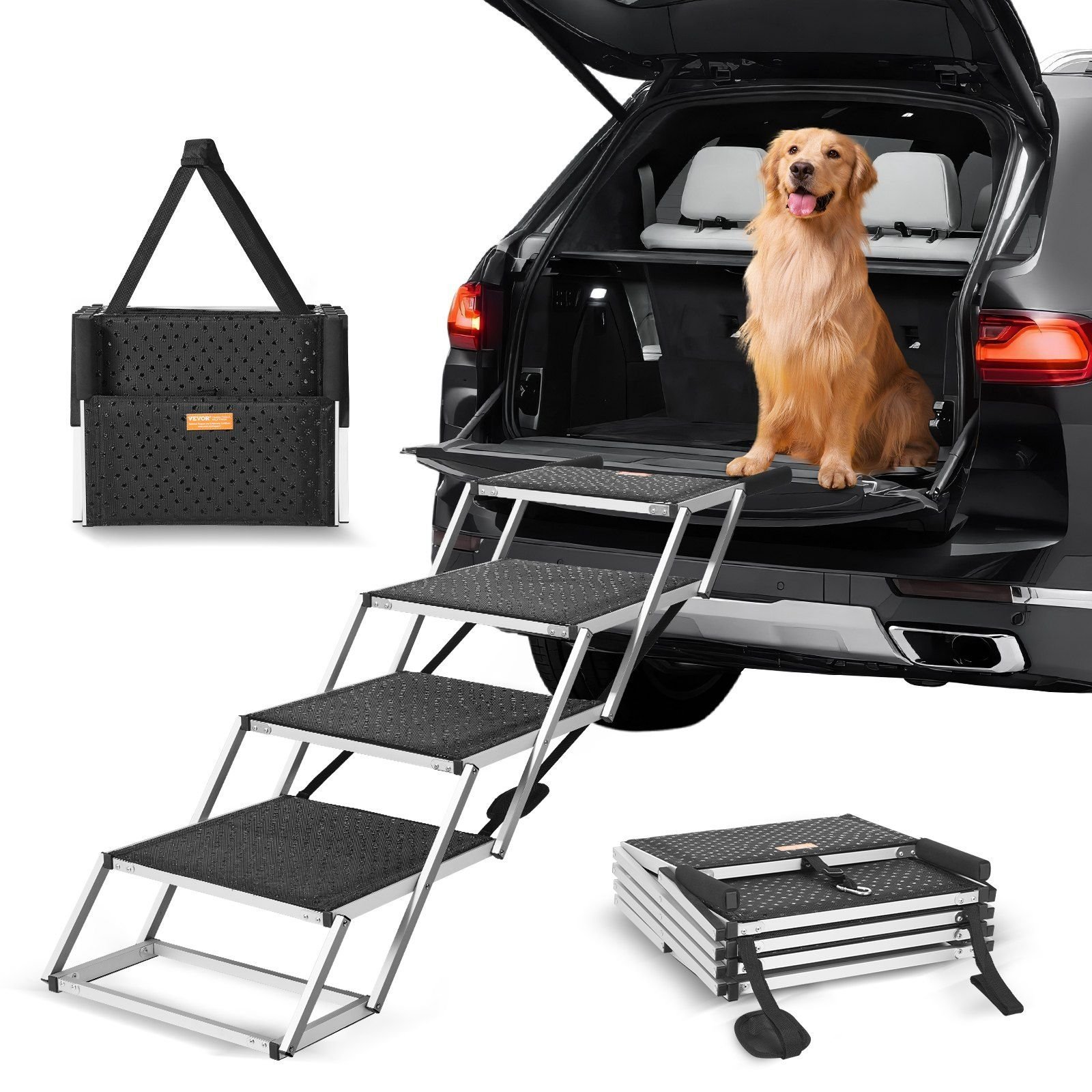 Tina’s Wide 4-Step Folding Dog Car Stairs – Lightweight Aluminum Pet Steps for Cars, SUVs & Trucks (Supports Up to 250 lbs)