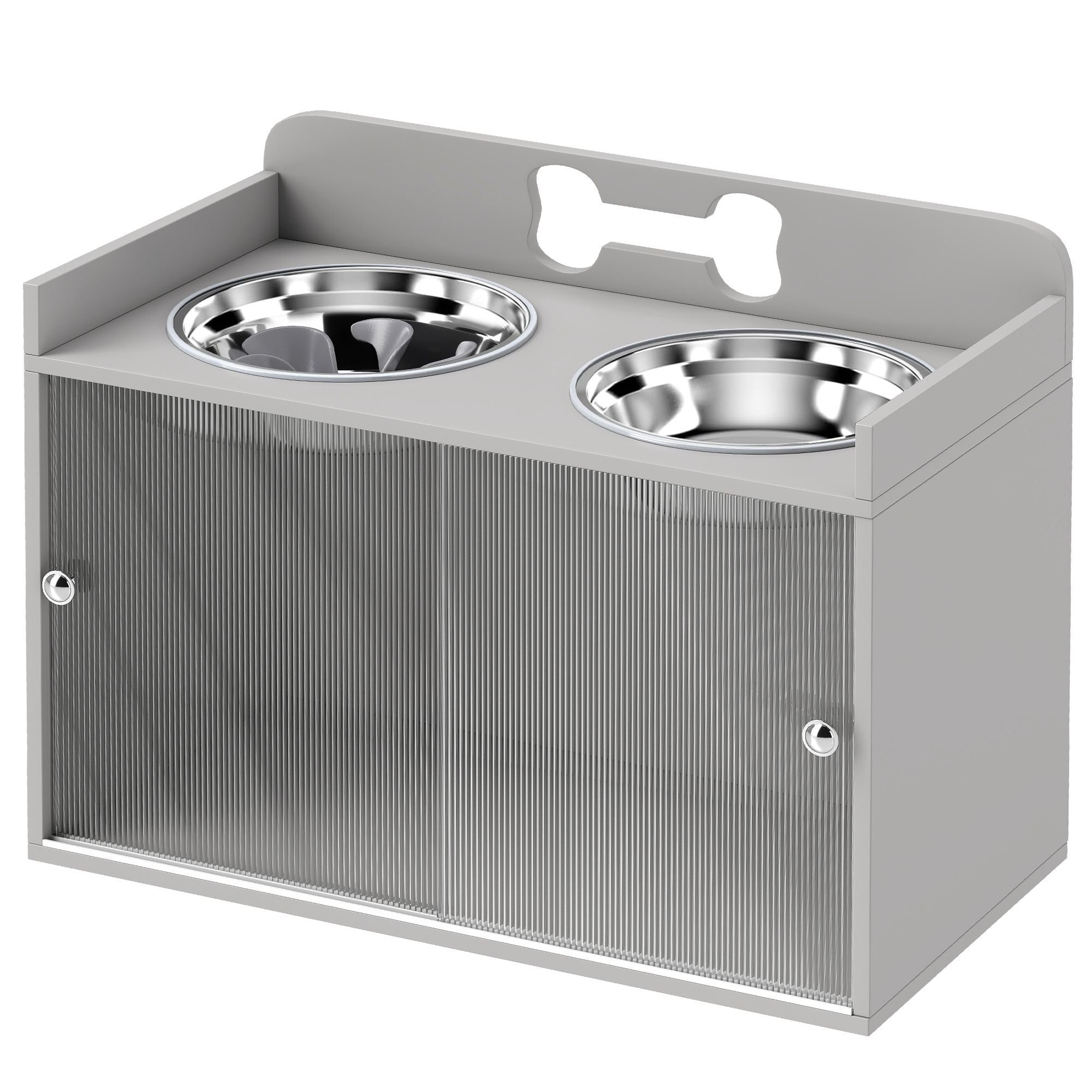 Elevated Dog Bowls with Storage, Raised Dog Bowl Stand with 2 Stainless Steel Bowl for Large Dogs, Gray