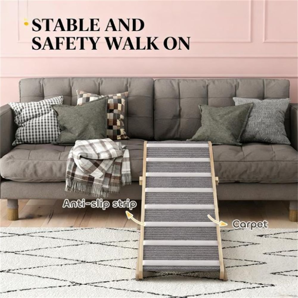 Adjustable Folding Wooden Dog Ramp for Bed, Sofa & Car – Non-Slip Carpet Pet Ramp with Portable Foldable Design (Supports Up to 110 lbs)