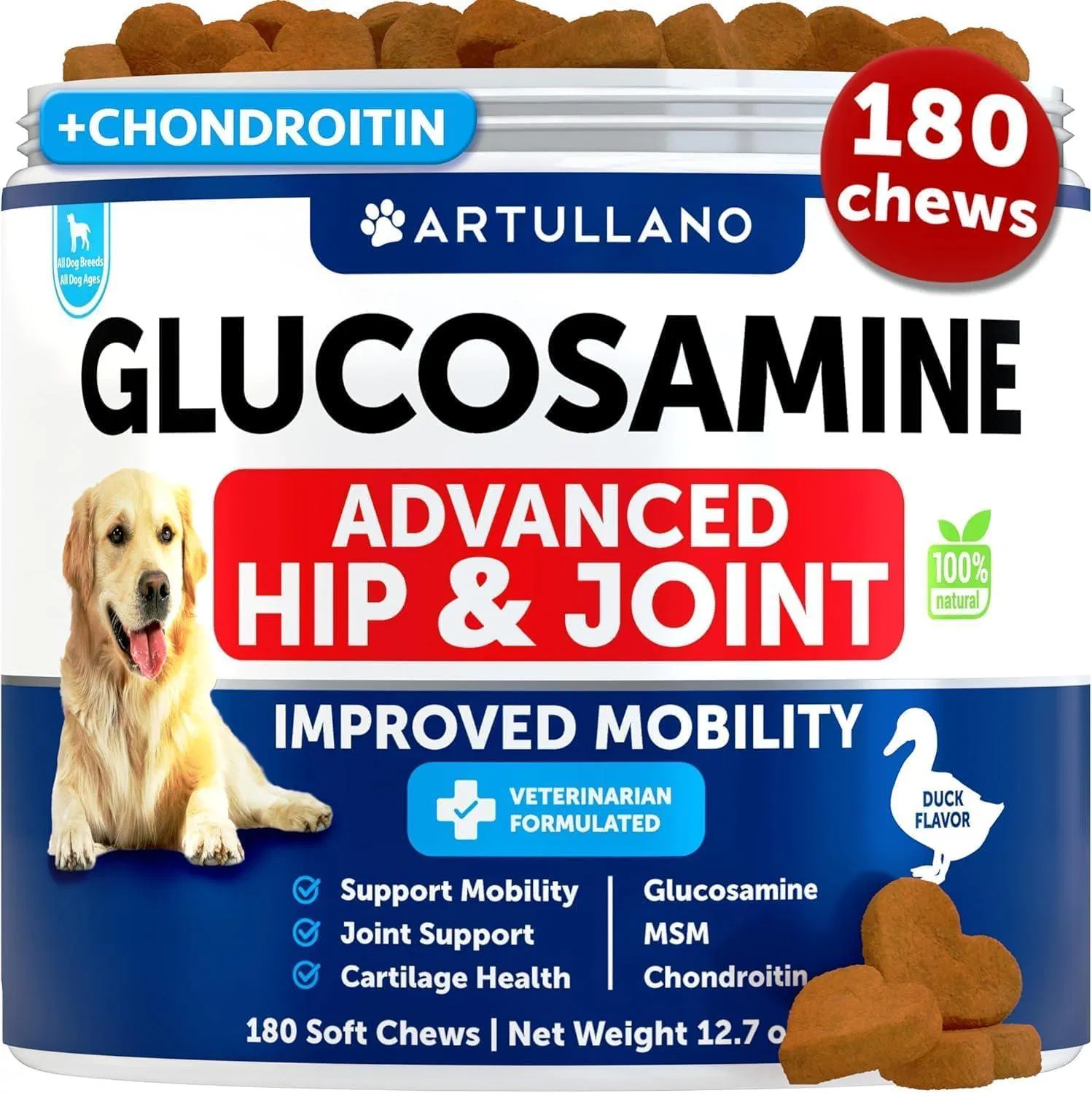 Glucosamine Hip & Joint Chews for Dogs – Mobility & Joint Support Supplement with Chondroitin, MSM & Turmeric (Duck Flavor) (Option: Artullano)